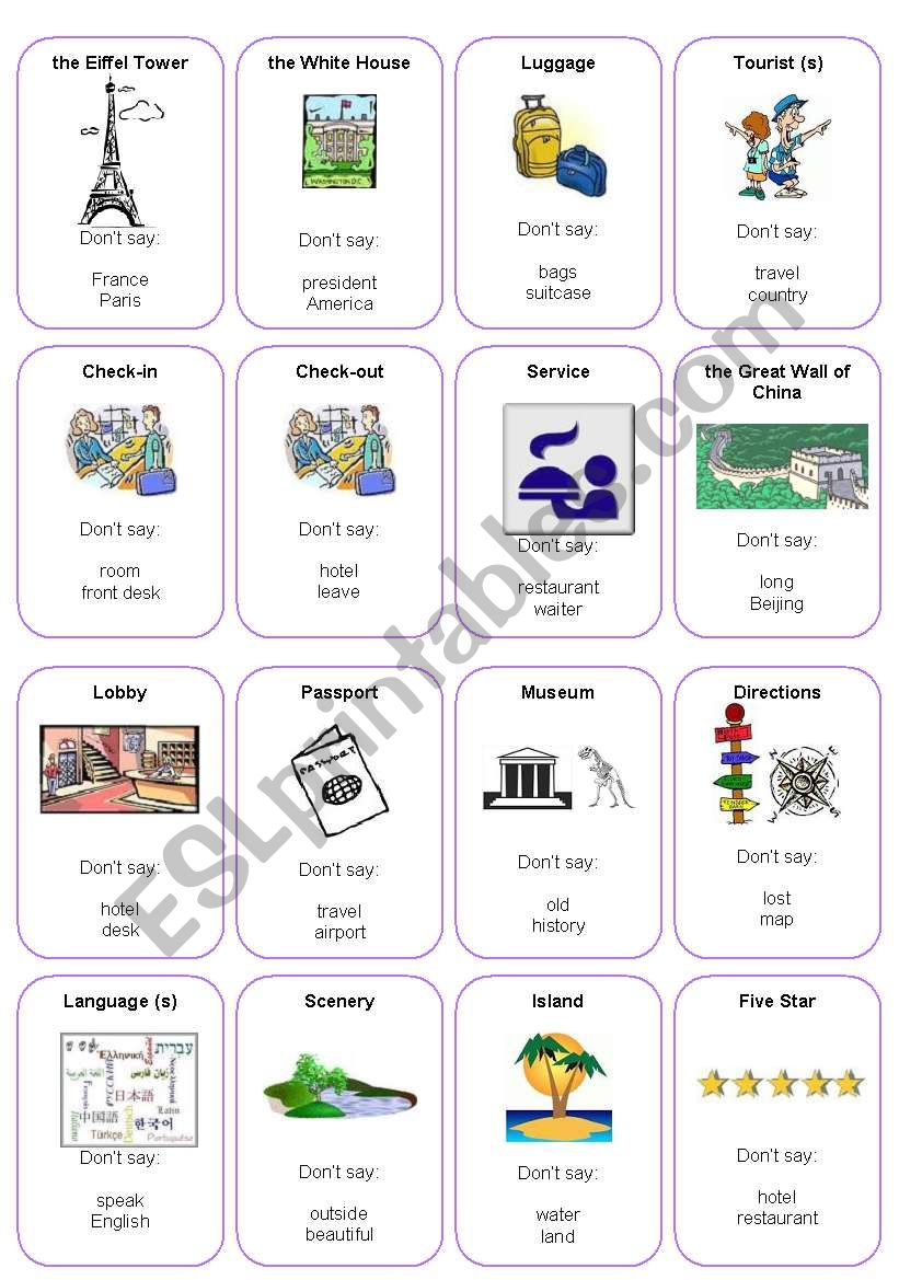 Taboo Cards -Travel / Tourism - ESL worksheet by ee123678