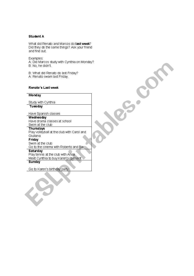 pair work simple past worksheet