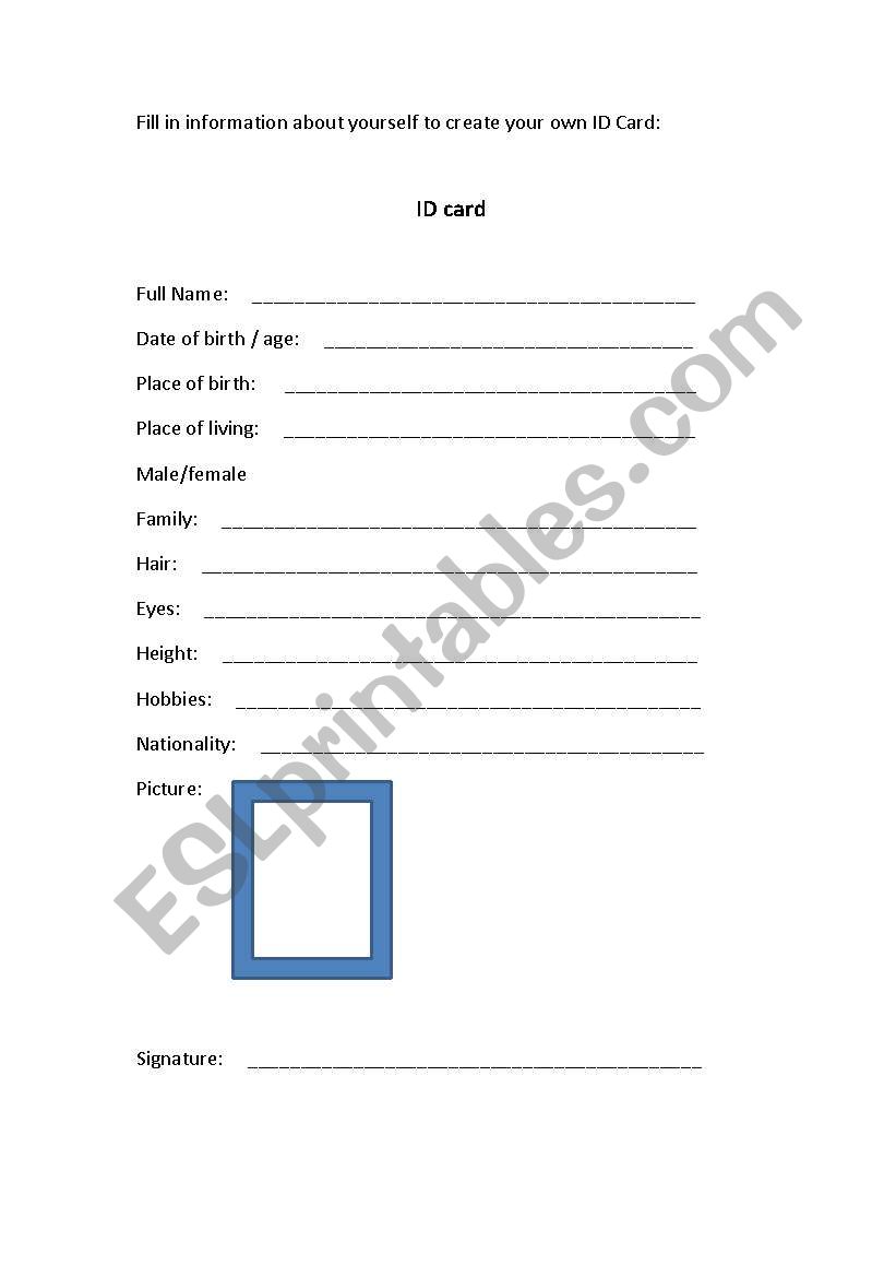 Self ID Card worksheet