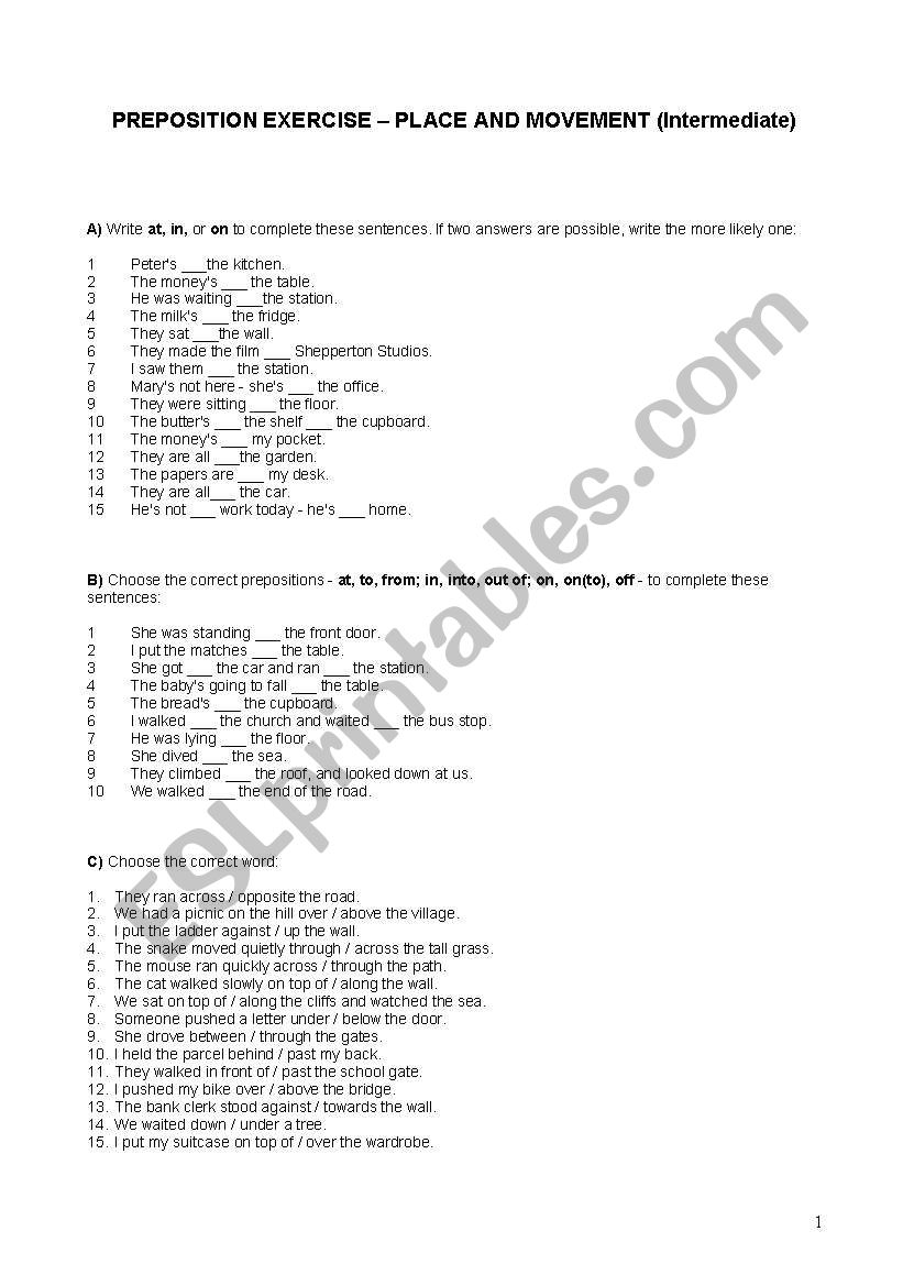 PREPOSITION EXERCISE  PLACE AND MOVEMENT (Intermediate)