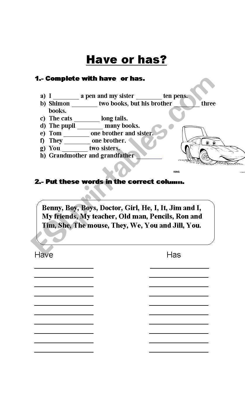 have or has  worksheet