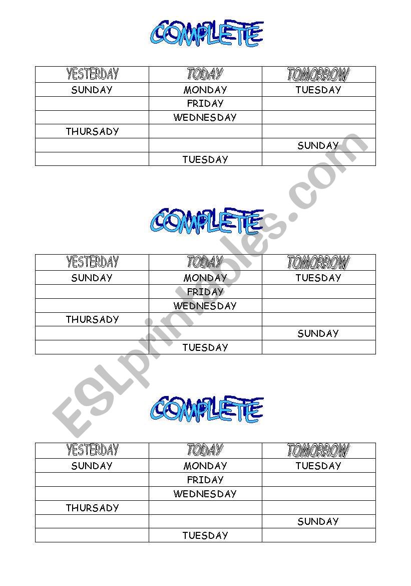 days of the week worksheet