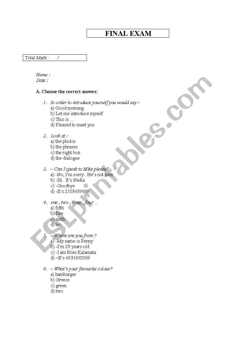 Basic English Test worksheet