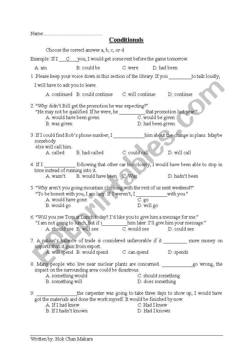 Conditional Exercise worksheet