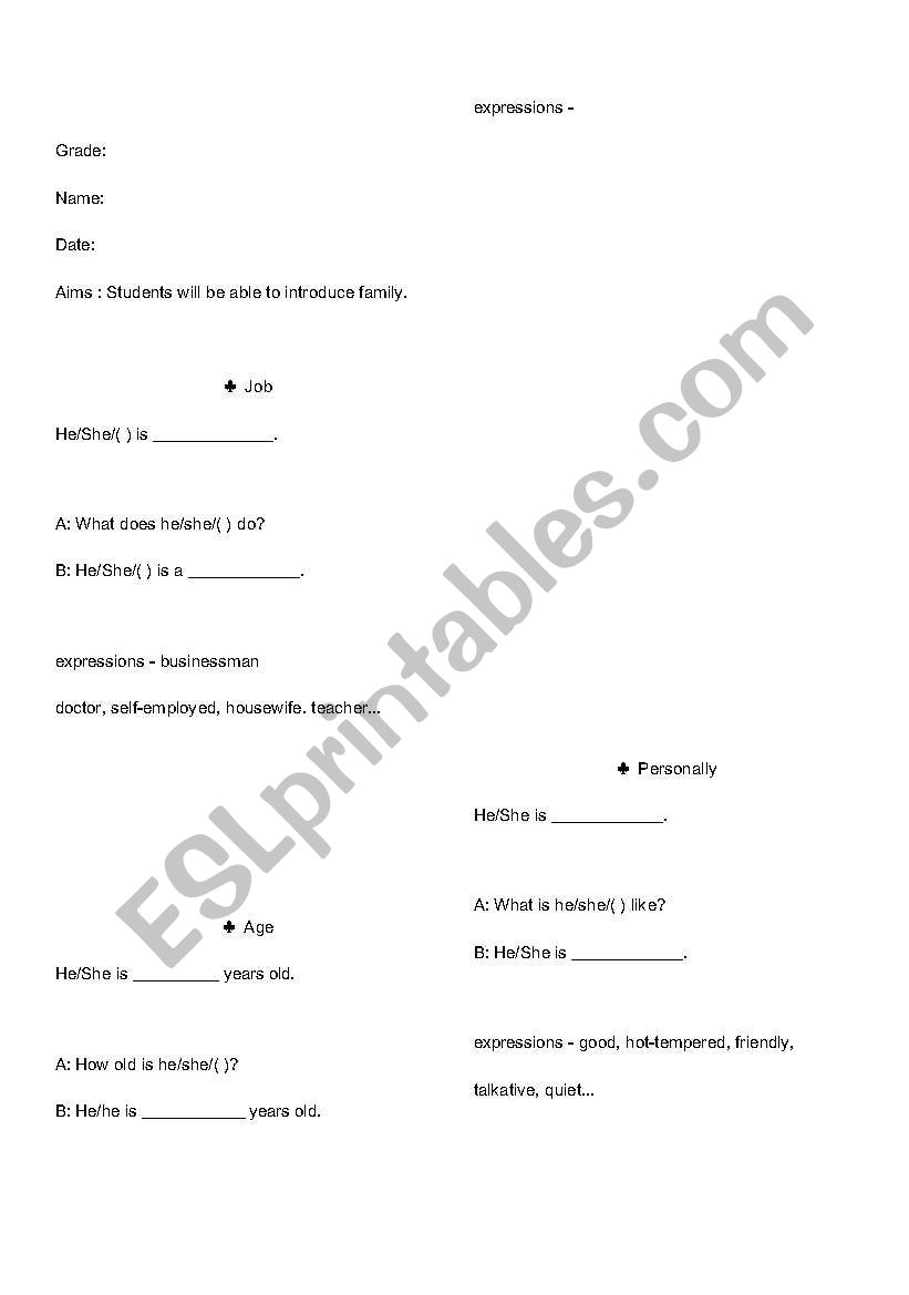 Introducing about family worksheet