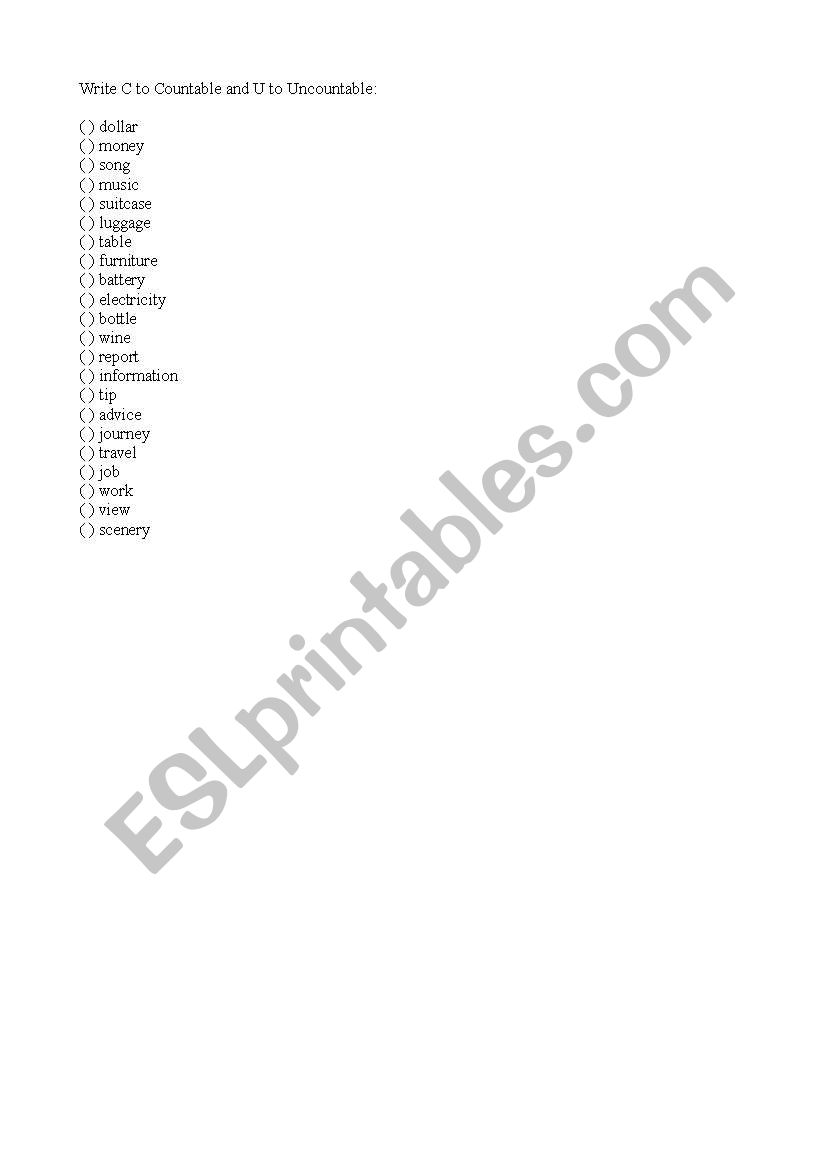 Countable and Uncountable worksheet