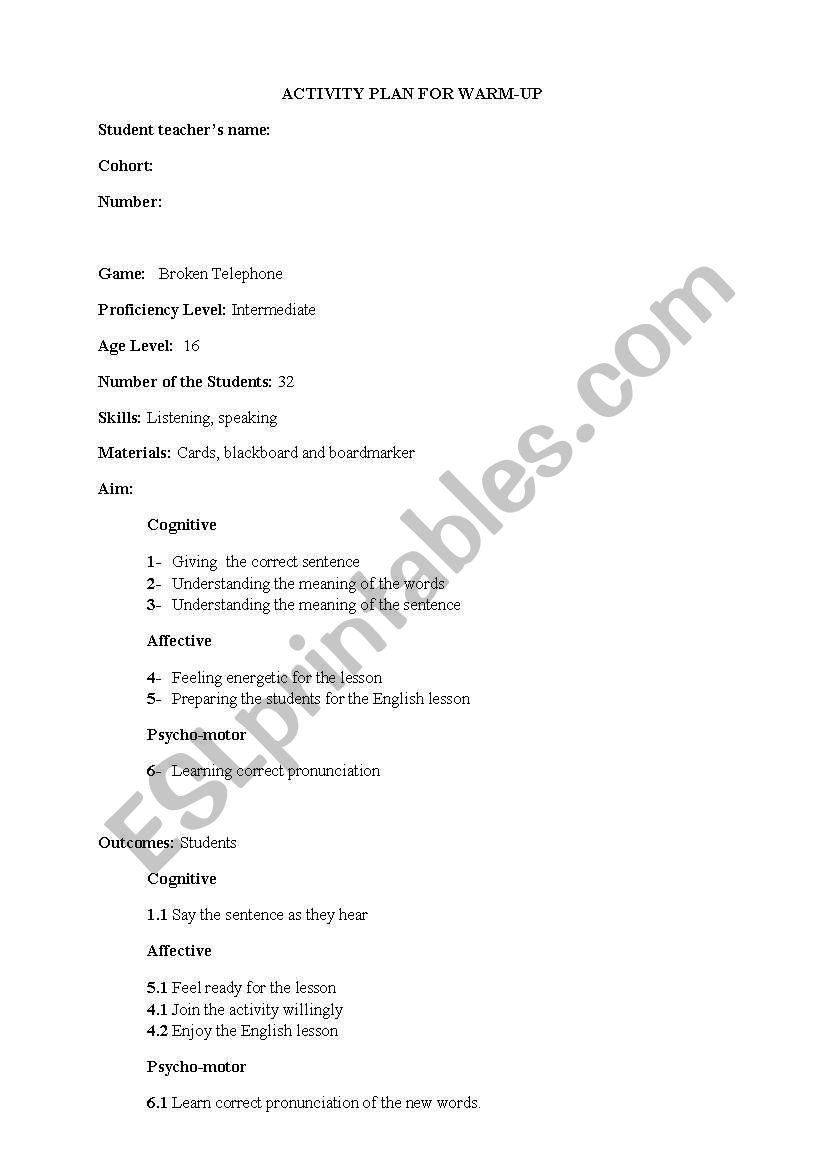 warm up plan Broken Telephone worksheet