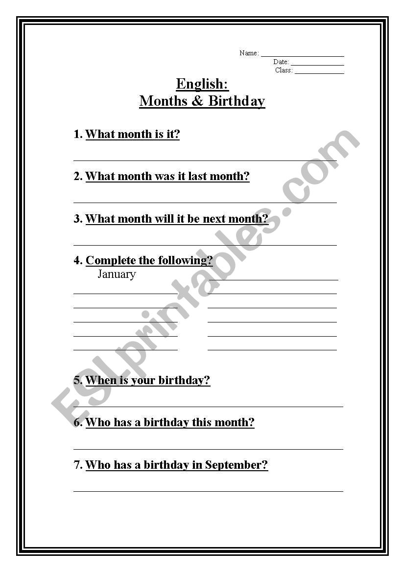 Months & Birthdays worksheet