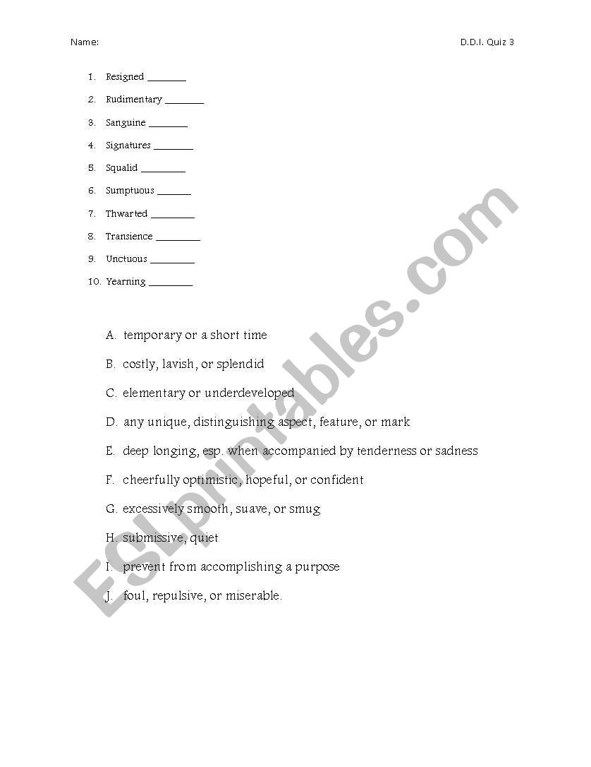 Vocabulary Quiz worksheet
