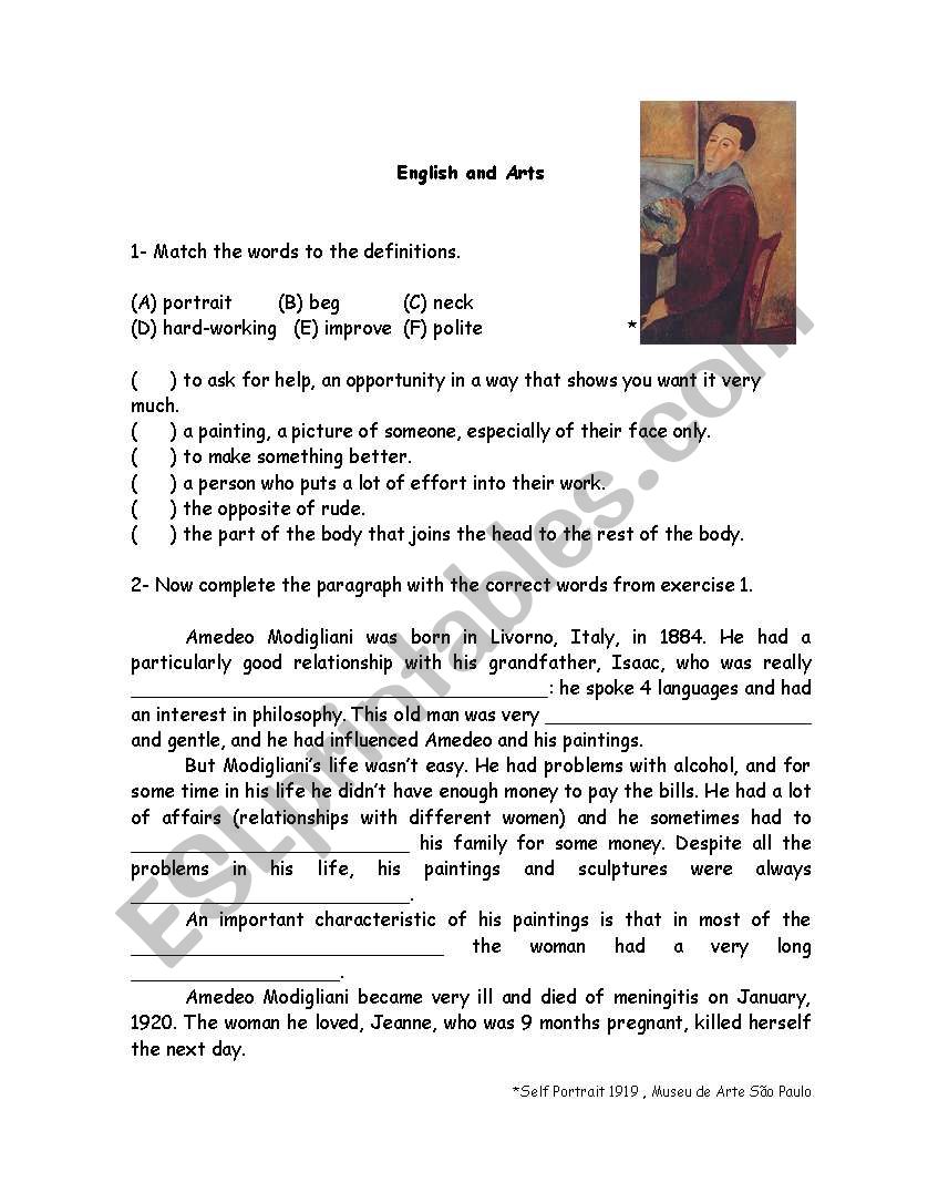 Modigliani : English and arts worksheet