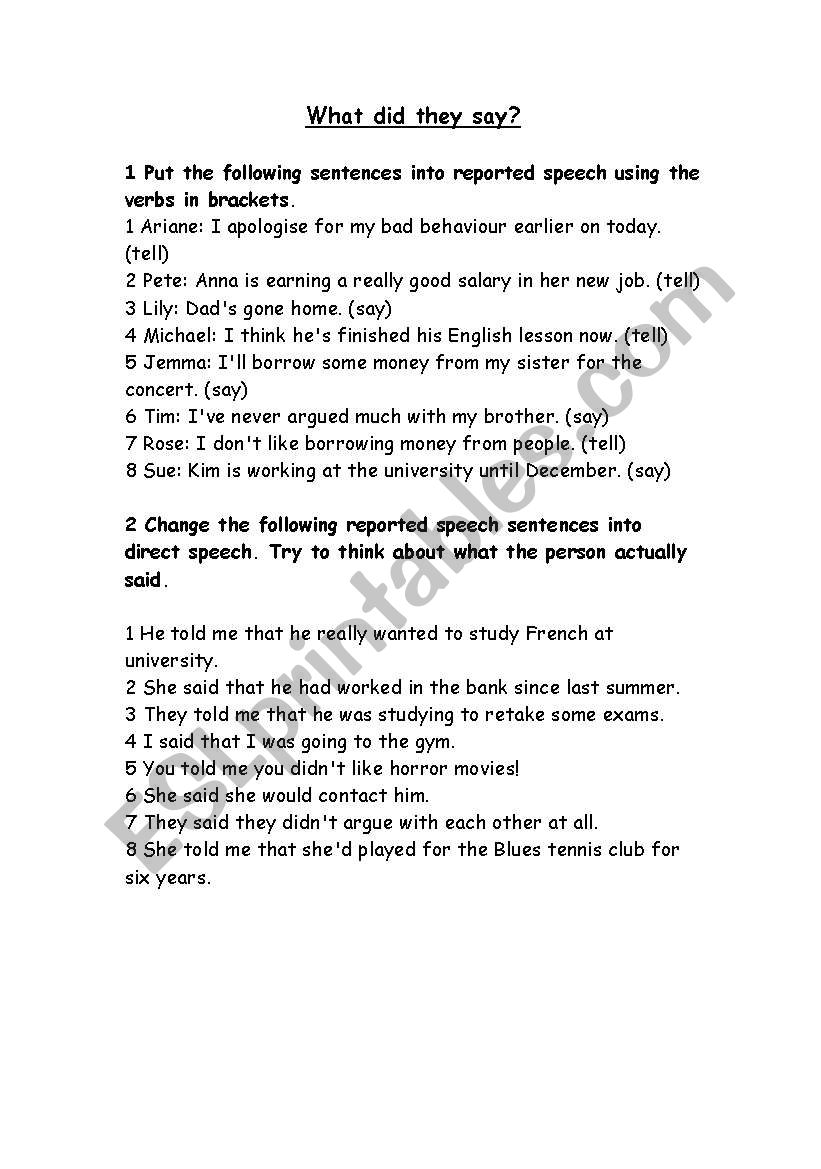 Reported Speech worksheet