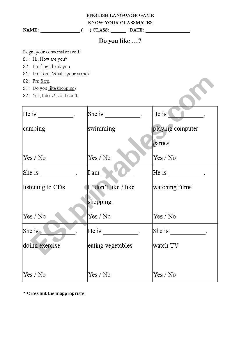 Know your classmates worksheet