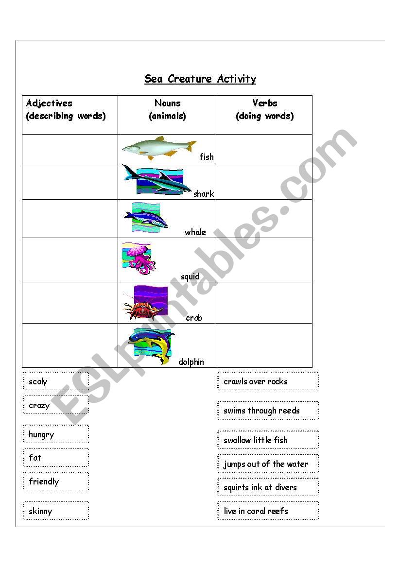 Verbs and Adjectives (sea creatures)