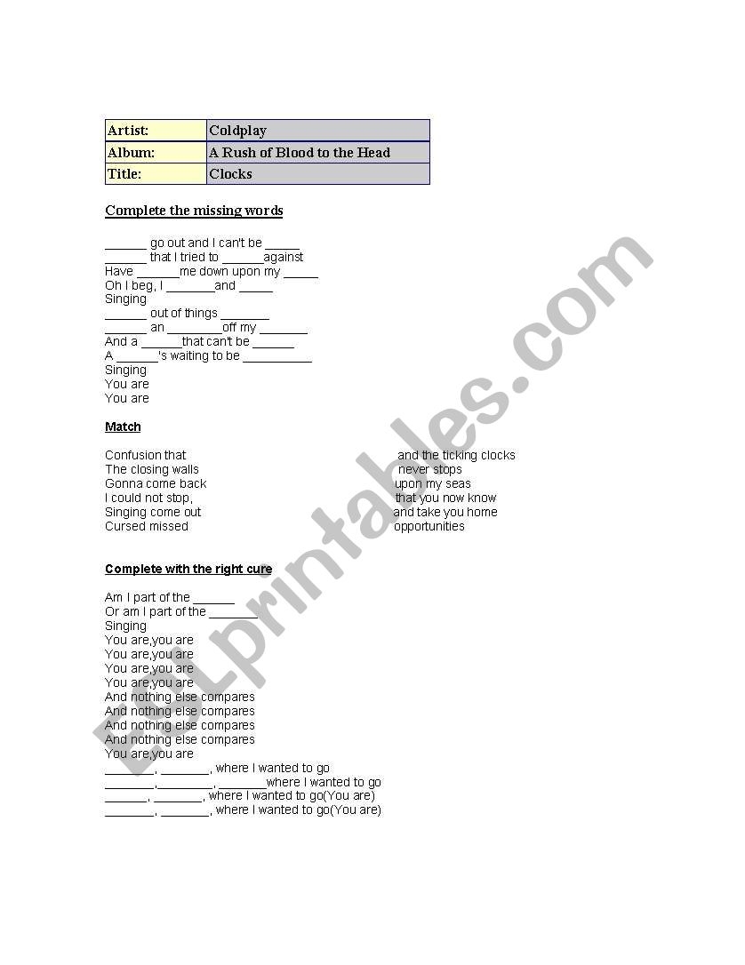 Clocks by Madonna Song worksheet