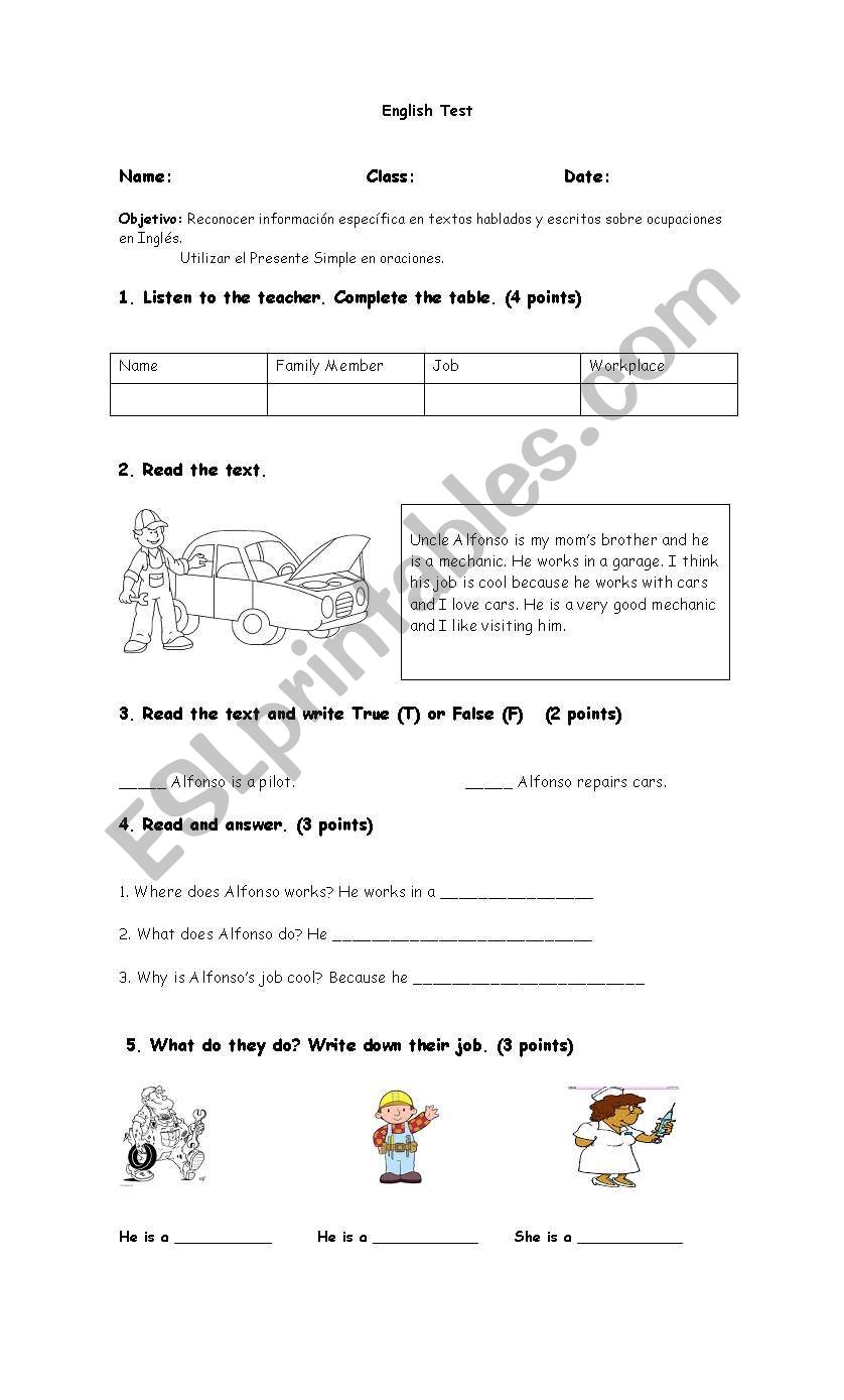 english test on occupations worksheet