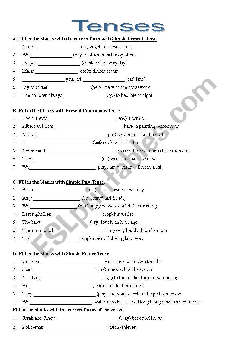 ESL Tenses Worksheet