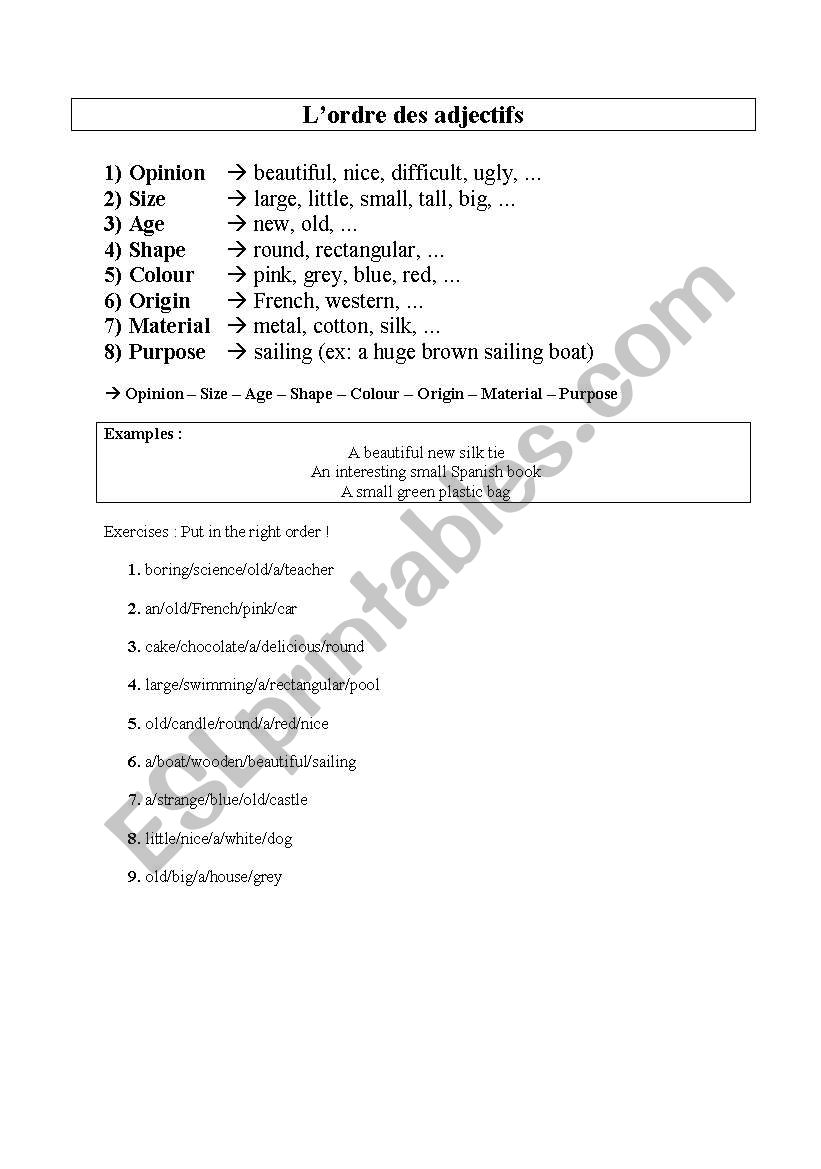 Ordre des adjectifs worksheet