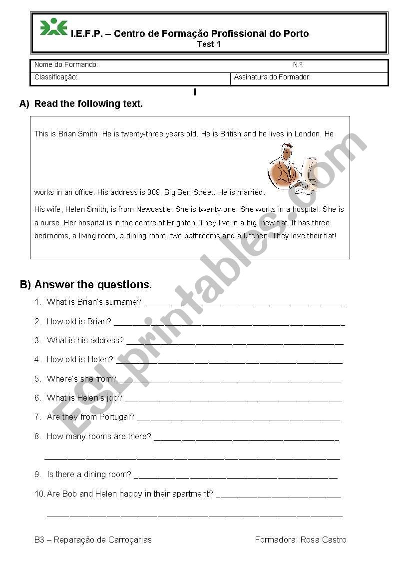 English Elementary test worksheet