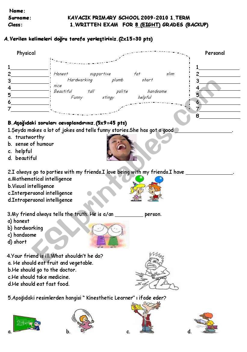 8th Grades Exam - ESL worksheet by gizemus