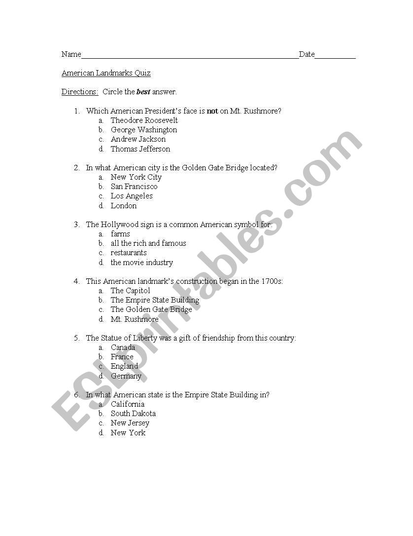 American Landmarks Quiz worksheet