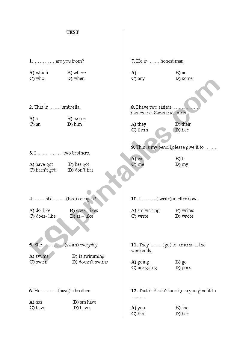 test worksheet