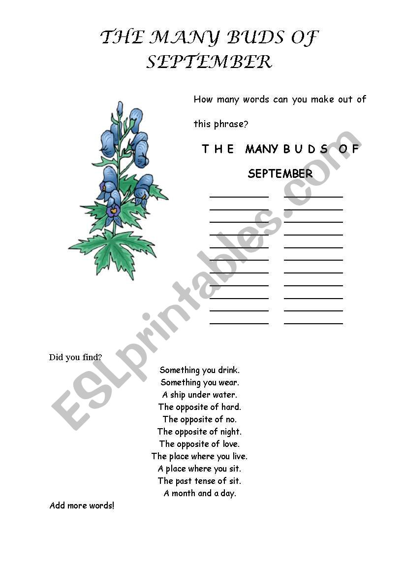 the many buds of september worksheet