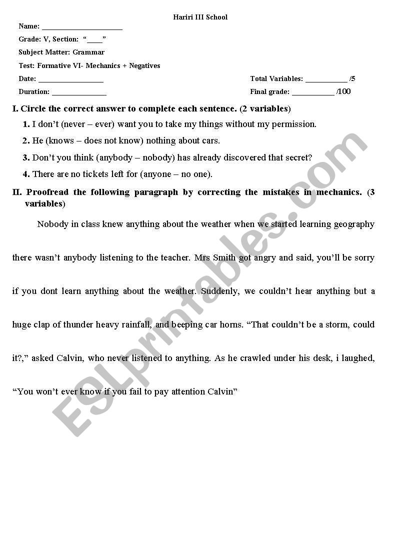 Negatives and Punctuation worksheet
