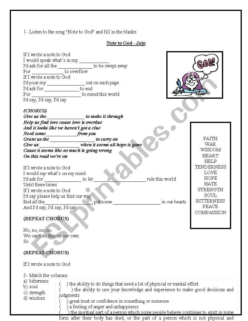 Note to God - Jojo worksheet