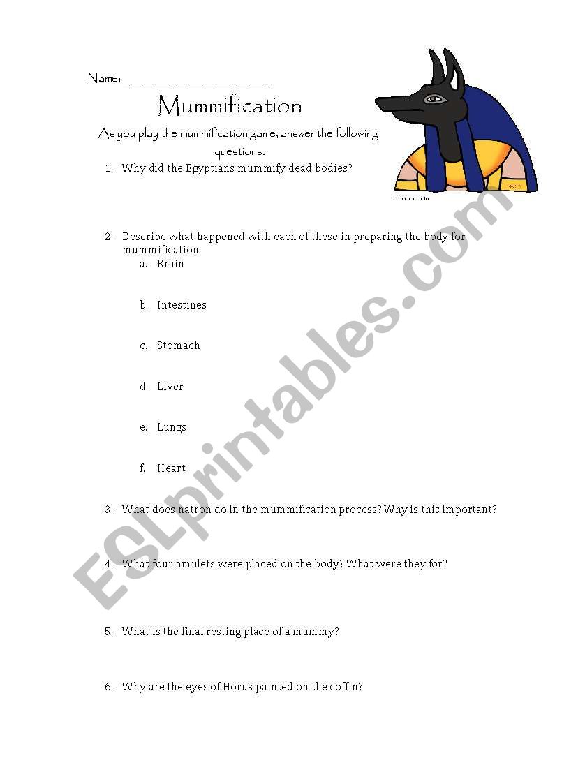 Mummification Game Worksheet worksheet