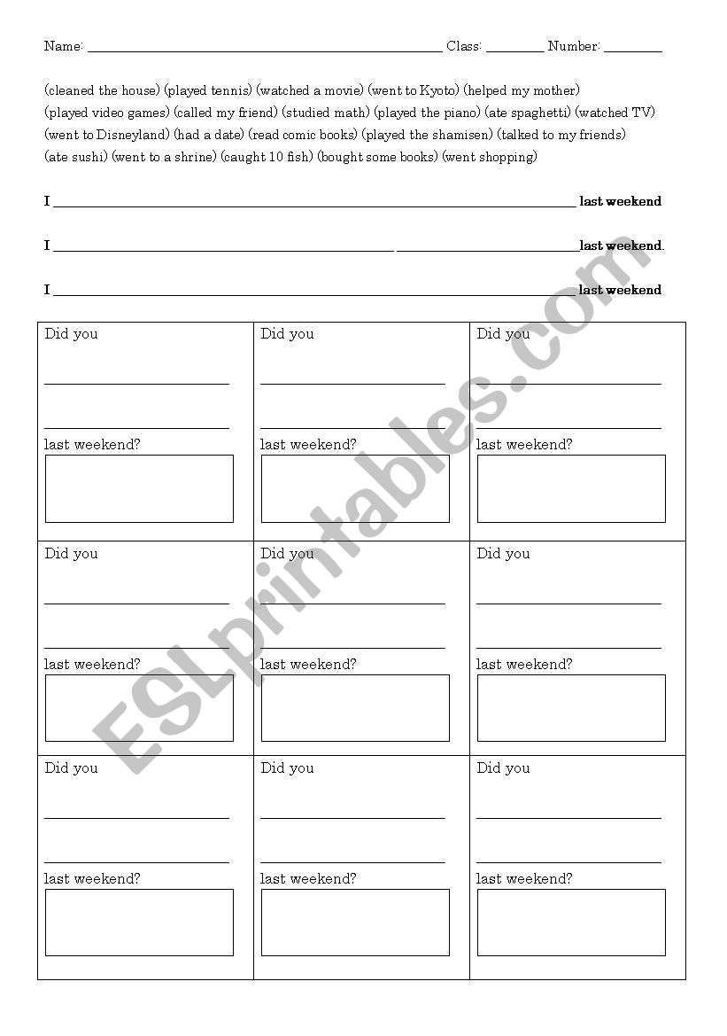 English worksheets: past tense activity for New Horizon