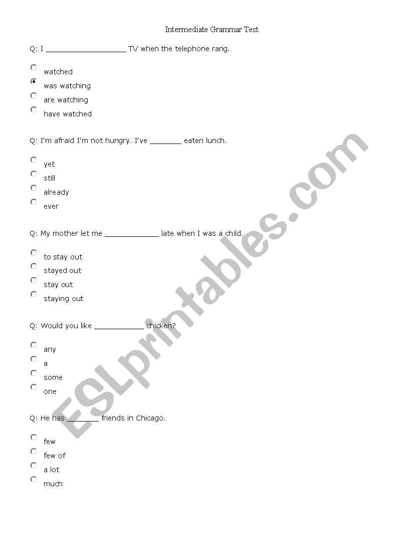 Intermediate Grammar Test worksheet