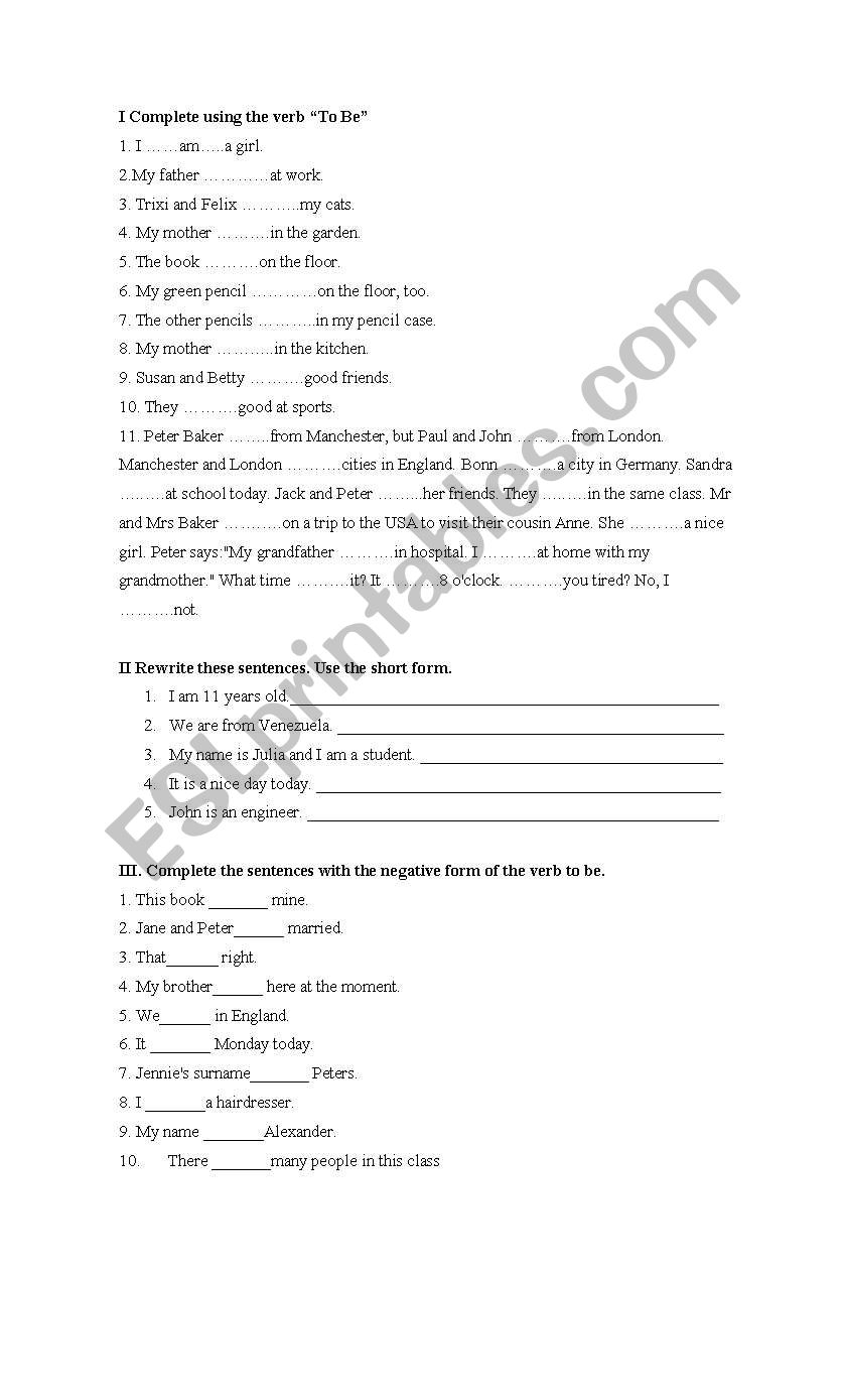 VERB TO BE PRESENT AND PAST worksheet
