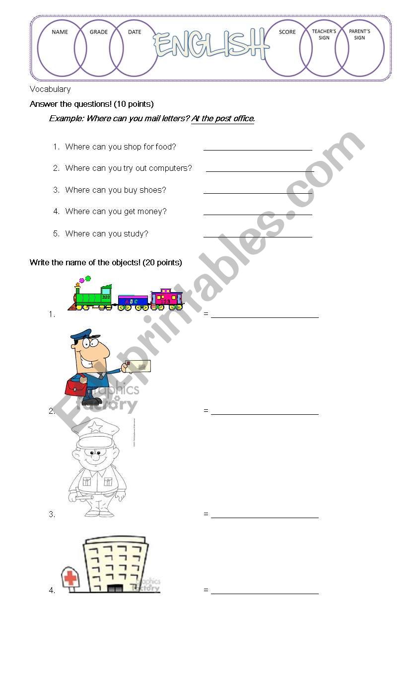 My Town worksheet