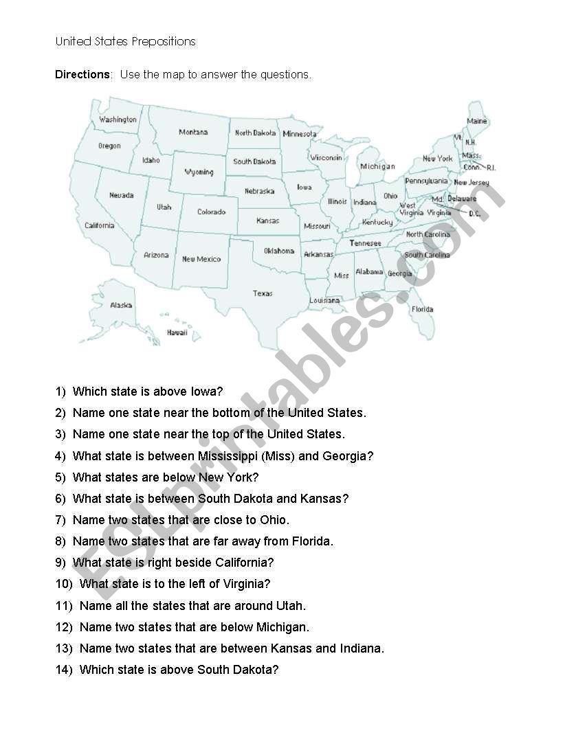 U.S. Map Activity and prepositions