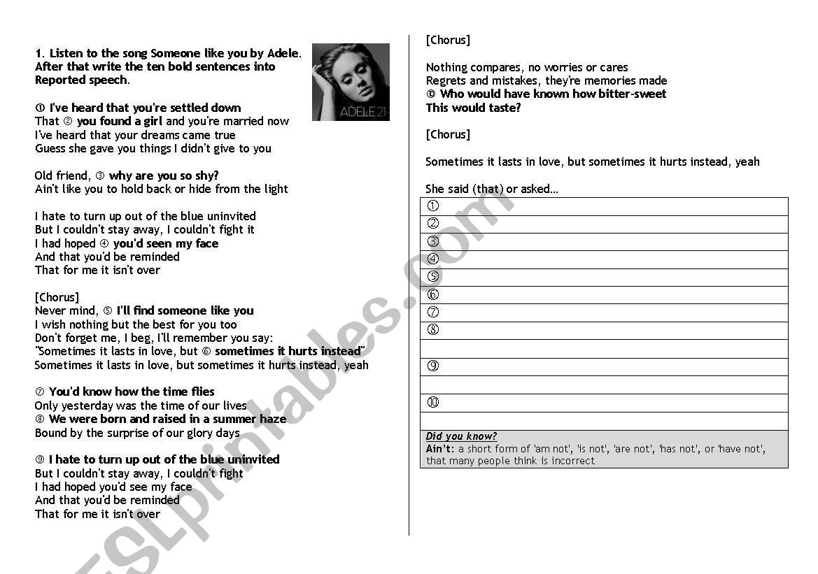 Song Someone Like You By Adele Esl Worksheet By Sodomguy
