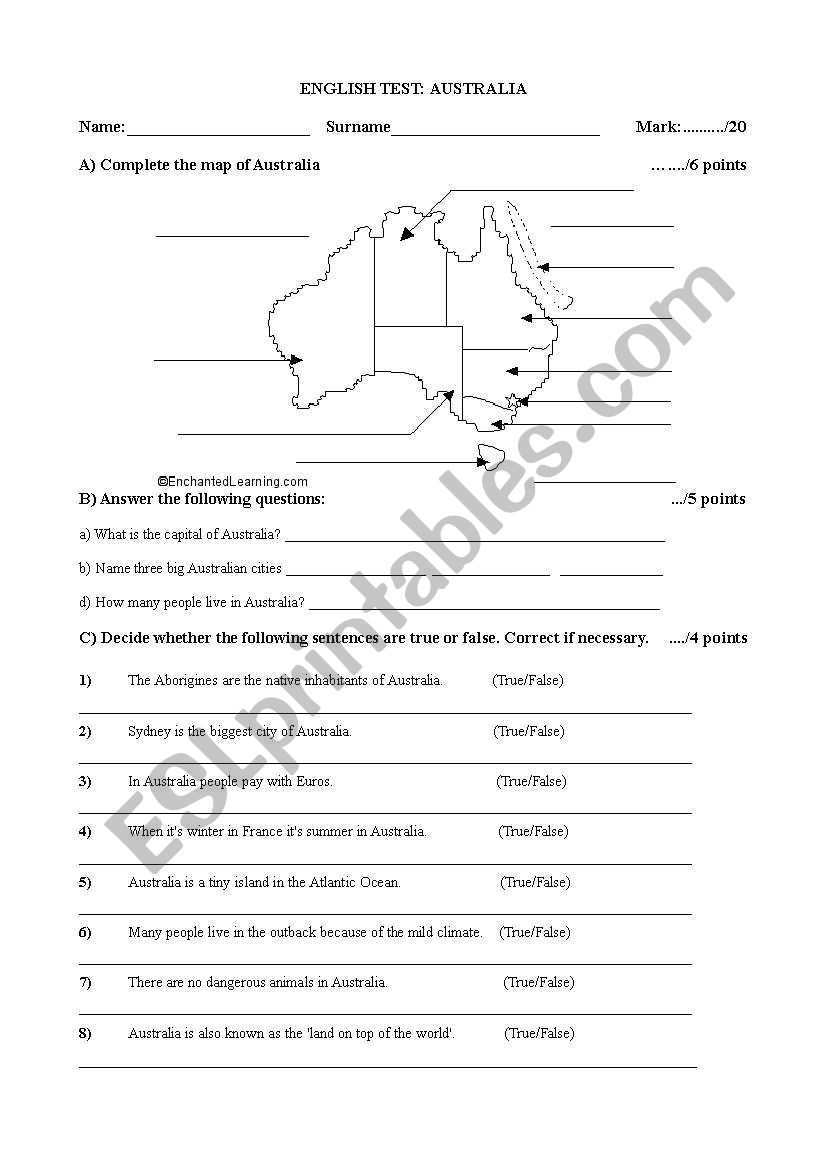 test on australia esl worksheet by thecrazygermangirl