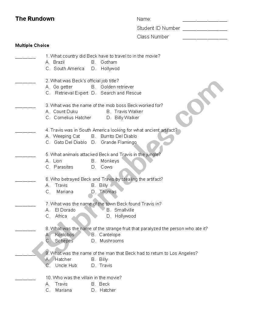 Rundown Quiz worksheet