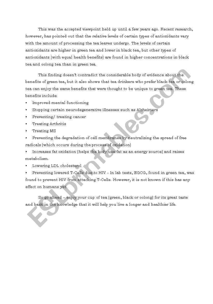 Green Tea Summary Esl Worksheet By Khunnaikim