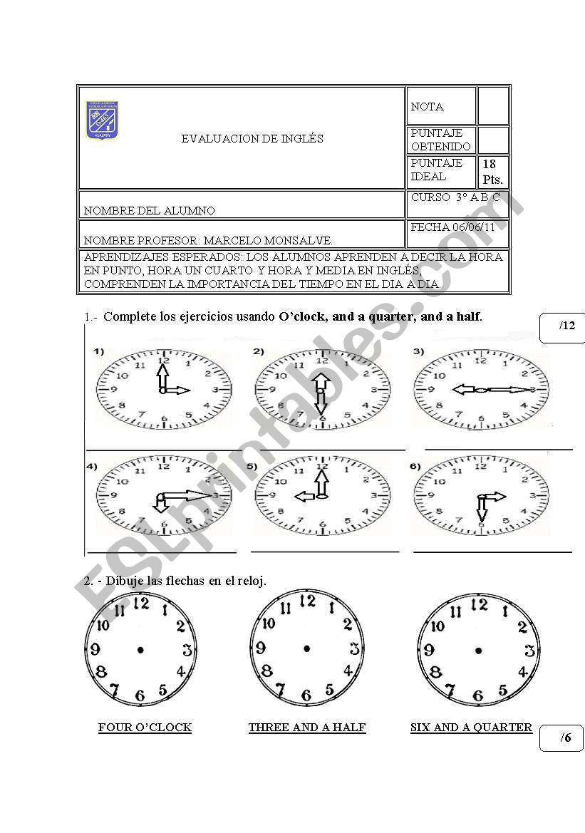 oclock time worksheet