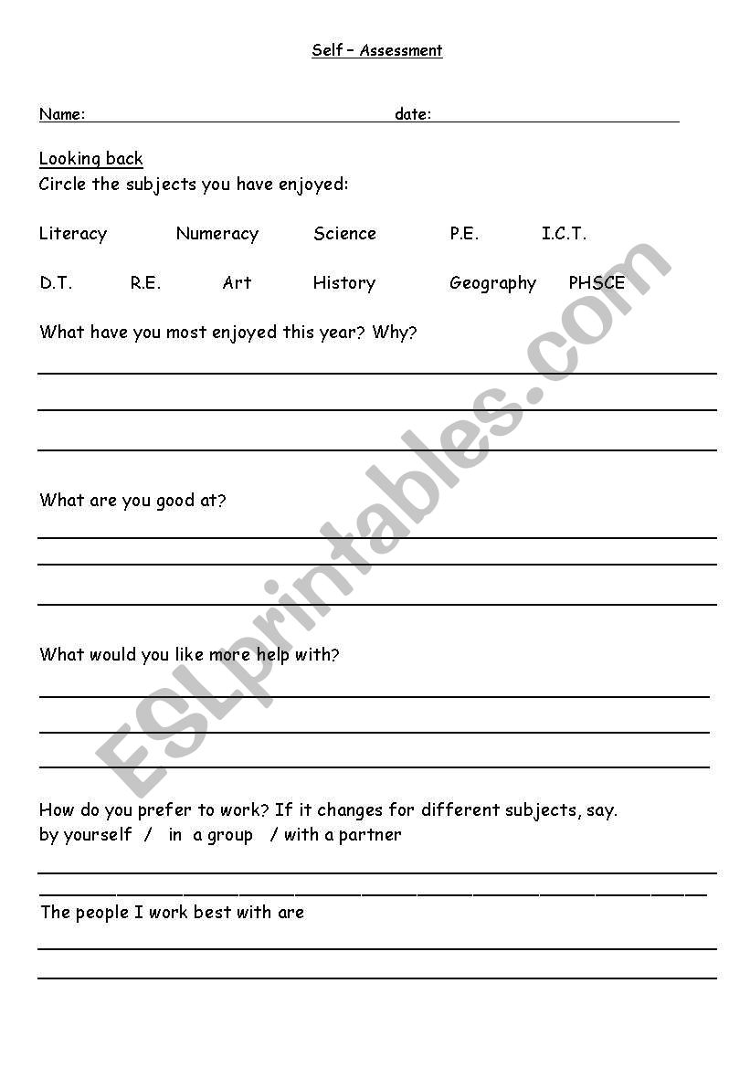 END OF YEAR SELF ASSESSMENT worksheet