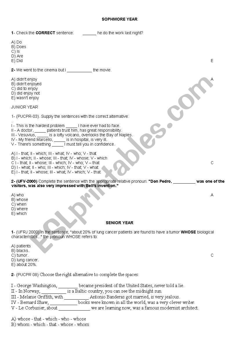 English Worksheets TEST FOR HIGH SCHOOL STUDENTS 2