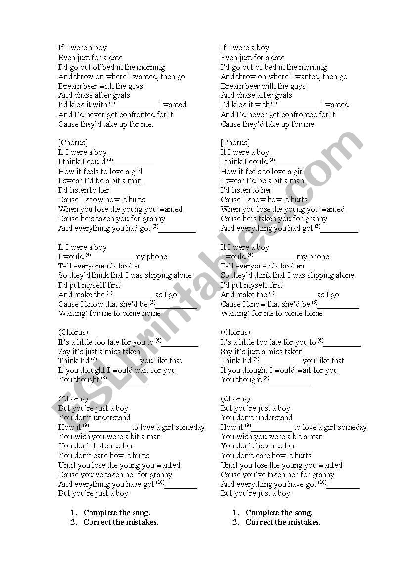 If I were a boy - Beyonc worksheet