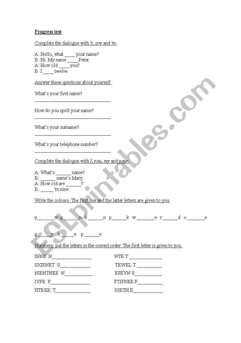 Progress Test worksheet