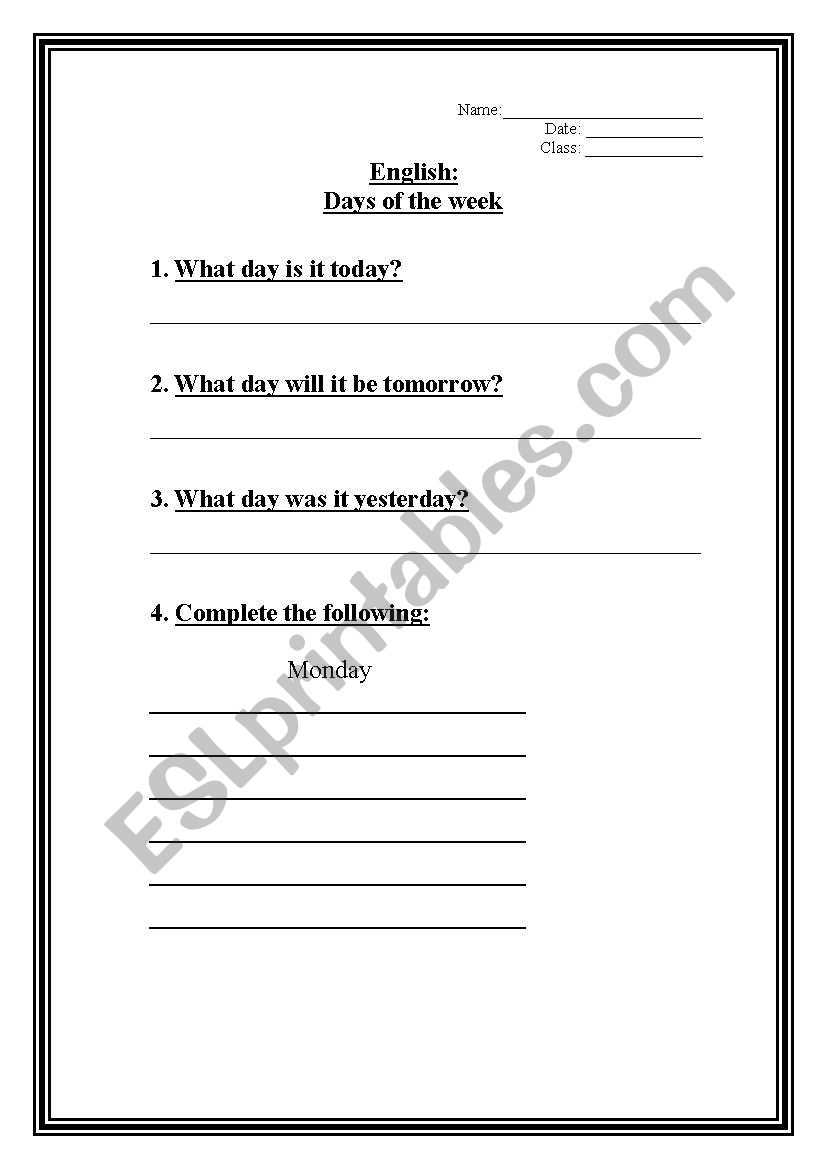 Days of the week worksheet