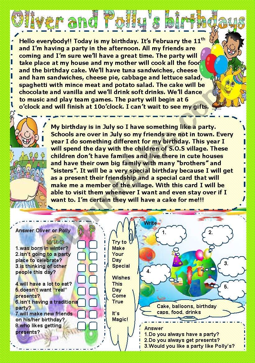 Oliver and Polly´s birthdays - ESL worksheet by LILIAAMALIA