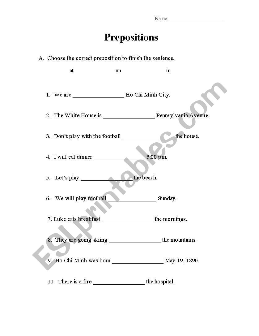 Prepositions Worksheet worksheet