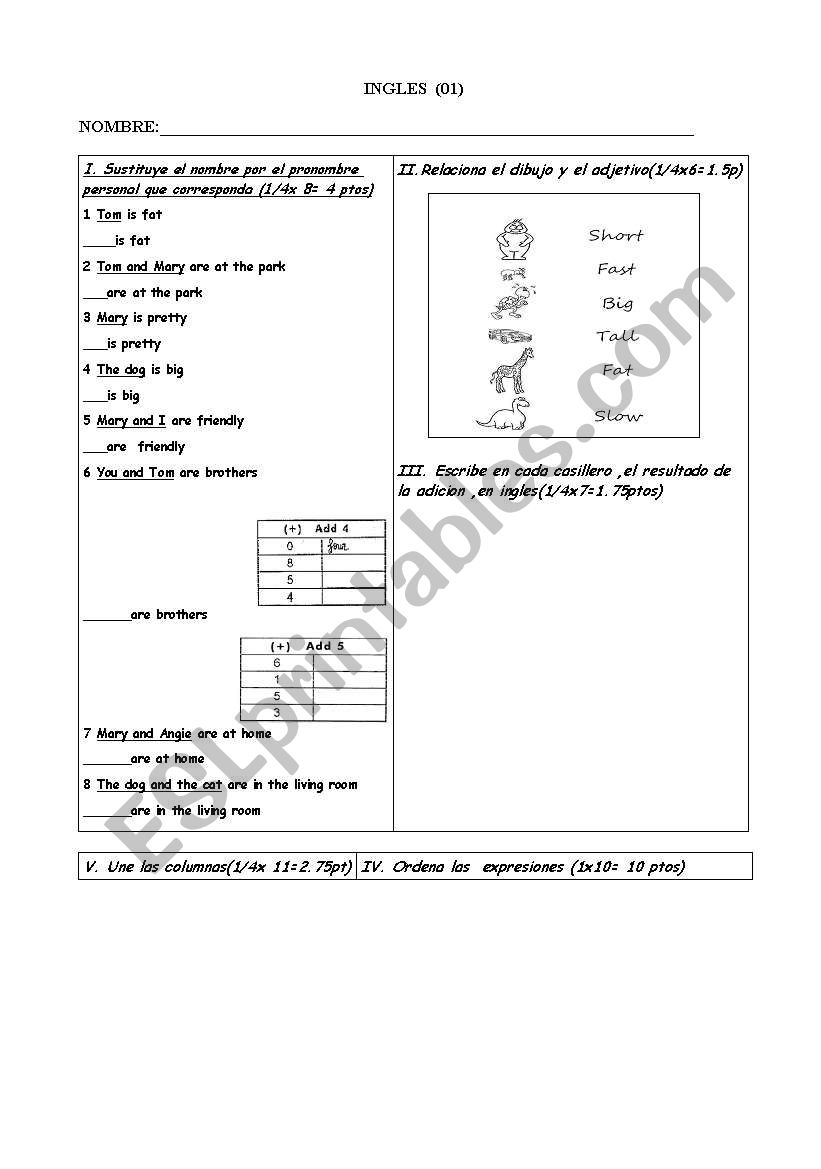 number and adjetives worksheet