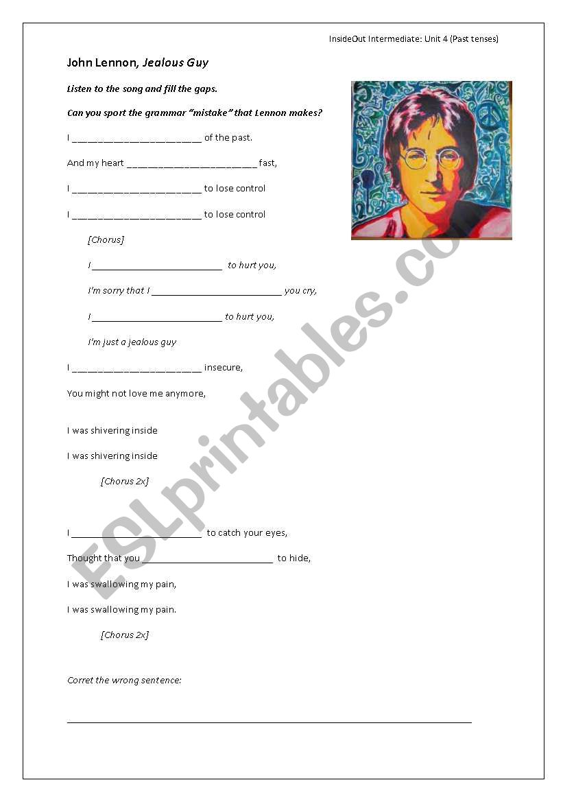 Jealous Guy Song Worksheet To Practice The Past Continuous Esl Worksheet By Marriluz