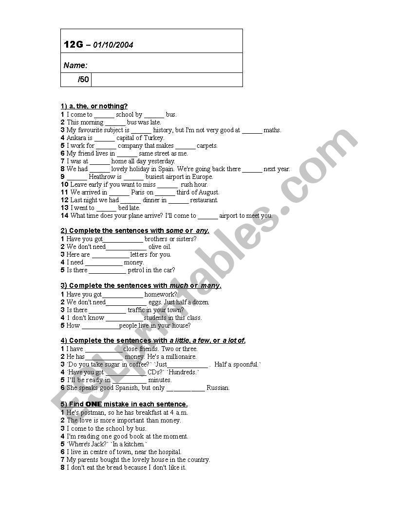 articles worksheet