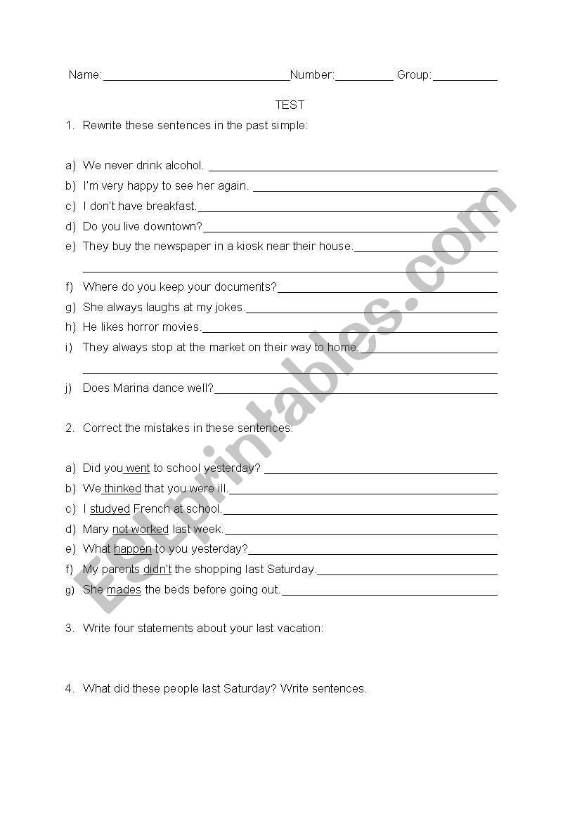 Simple Past Test worksheet